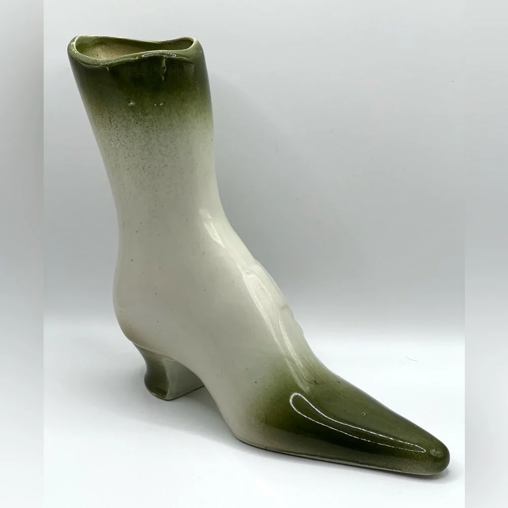 Victorian Style Ceramic Boot Green/White Planter Pottery Decorative Vase 7.5